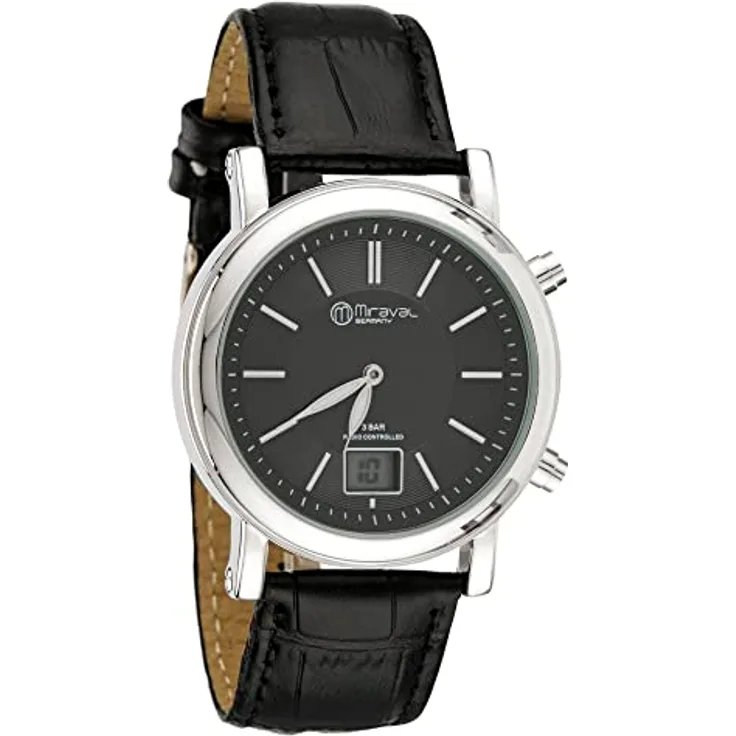 Miraval Fun-Armbanduhr, 42 mm Edelstahlgehäuse mit Lederarmband, japanisches Quarzuhrwerk, Funkuhr DCF77, digitale & analoge Anzeige, Datumsanzeige