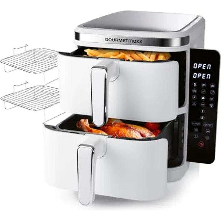 GOURMETmaxx FryUp Vertikale Doppelkammer Heißluftfritteuse, 10L Fassungsvermögen, klappbares Touchdisplay, 2800 W, 12 Kochprogramme – Bild 1