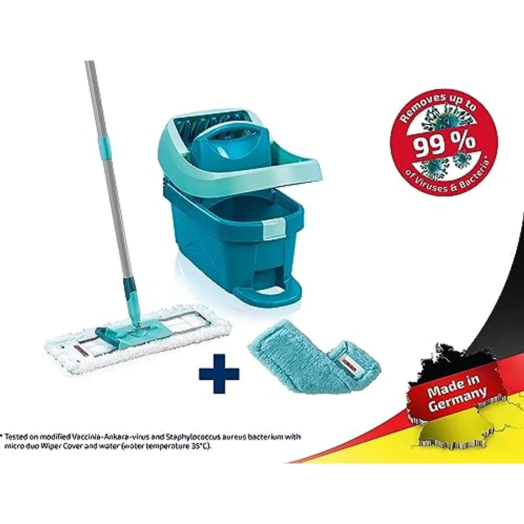 Leifheit Set Wischtuchpresse Profi XL mit Bodenwischer 146cm und Rollen, 1x Mikrofaser Bezug für alle glatten Böden & 1x elektrostatisches Staubtuch, Putzen ohne Bücken wie handgewrungen, Click-System – Bild 2