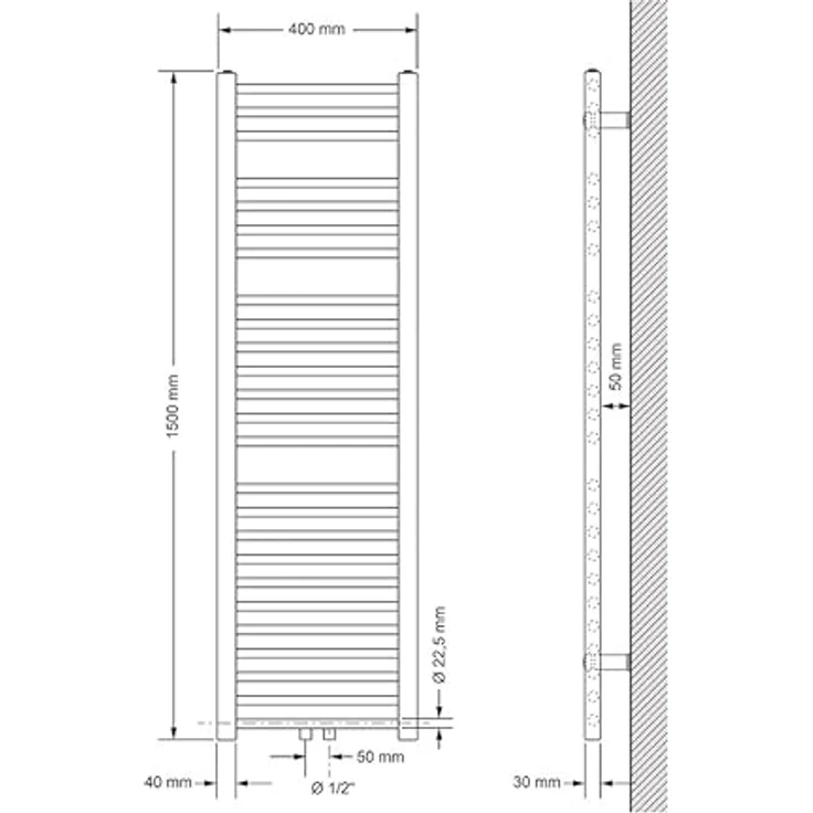 LuxeBath Badheizkörper 400 x 1500 mm Weiß, Gerade Heizkörper mit Mittelanschluss und 565 Watt Wärmeleistung – Bild 2