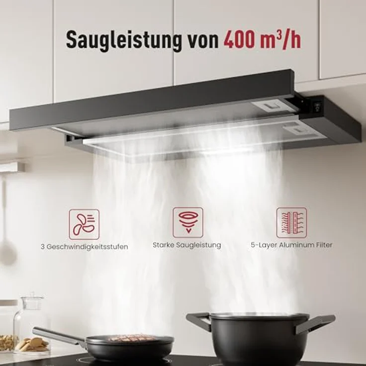 LEVIVO A+++ Flachschirmhaube 60cm, Dunstabzugshaube für Umluft & Abluft mit 400 m³/h, 2 Aktivkohlefiltern, 2 Fettfiltern, 2 Stufen, LED-Licht, Schwarz – Bild 2