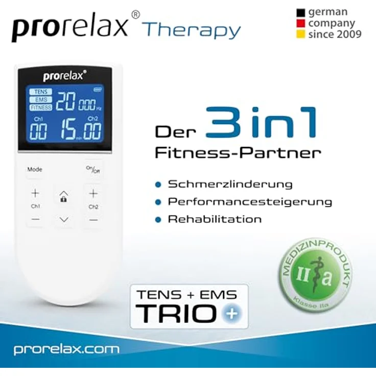prorelax TENS/EMS Trio+ | Akkubetriebenes Elektrostimulationsgerät | 3 Therapien - TENS, EMS, FITNESS | Zur Entspannung, zum Muskelaufbau, zur Schmerzlinderung | 50 Programme | 16 Intensitätsstufen – Bild 2