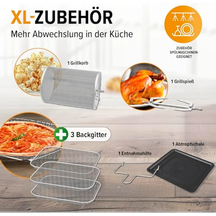 MAXXMEE 04703 Heißluft-Fritteuse, 1800W, ohne Fett, 12 l Fassungsvermögen, LED, Auftauen, Grill, Heißluft, Drehspieß, Display, schwarz – Bild 5