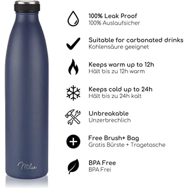 Milu Edelstahl Trinkflasche 750ml, doppelwandige Thermosflasche, auslaufsicher, kohlensäuregeeignet, Navyblau – Bild 2