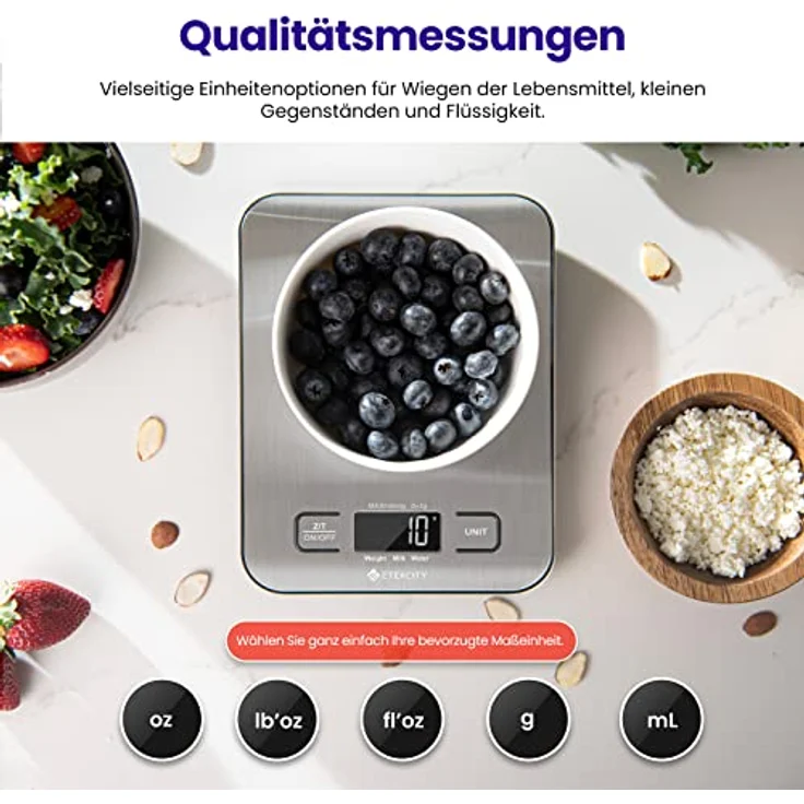 ETEKCITY Küchenwaage, Küchenwaage digital 5KG mit großem LCD-Display,Digitalwaage, Briefwaage mit Großer Edelstahl Wiegefläche, Flüssigkeitsmessung, hohe Präzision auf bis zu 1g, Tara-Funktion, Silber – Bild 4