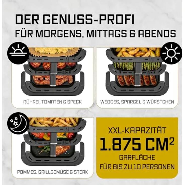 GOURMETmaxx Heißluft-Fritteuse FryUp3, 2800W, schwarz, vertikal, Doppelkorb 4l + 6l, Pizzafach, 12 Programme, 13,4l Volumen – Bild 7