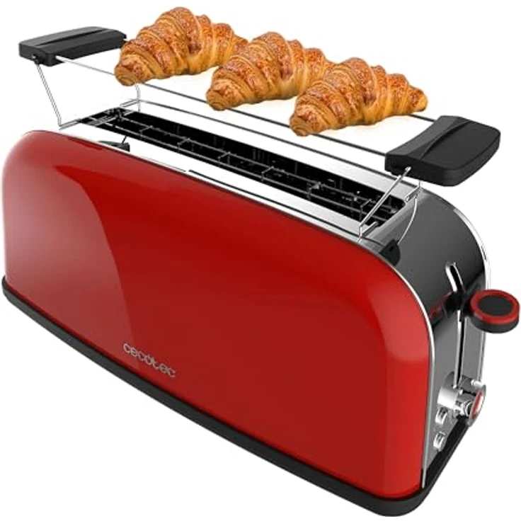 Cecotec Vertikaler Toaster Toastin' time 850 Red Long, 850 W, für 2 Scheiben Brot, 3,8 cm breiter Schlitz, Edelstahl, mit Brötchenaufsatz und Krümelschublade, Rot – Bild 1