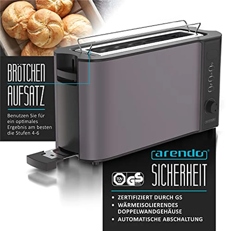 Arendo Toaster Langschlitz 2 Scheiben 1000W mit Defrost Funktion und Bräunungsgraden 1-6, Edelstahl/schwarz – Bild 2