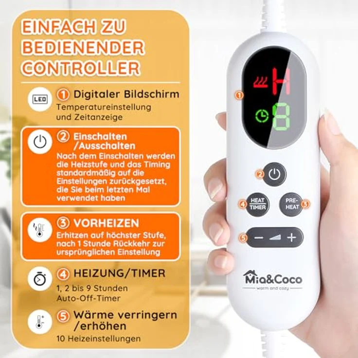 Mia&Coco Heizdecke mit Abschaltautomatik, 10 Heizstufen Up-to-9 Stunden Auto-Off-Timer Überhitzungsschutz, Elektrische Wärmedecke Bett Wärme Decke ETL-Zertifiziert, Flanell Waschbar – Bild 3