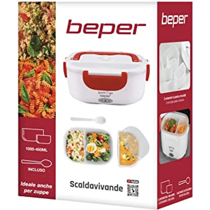 Beper Lunch & Go - Wärmende Lunchbox, tragbarer elektrischer Speisenwärmer, 2 herausnehmbare Behälter, Stahlheizplatte, mitgeliefertes Plastikbesteck, 220 V - Rot – Bild 10