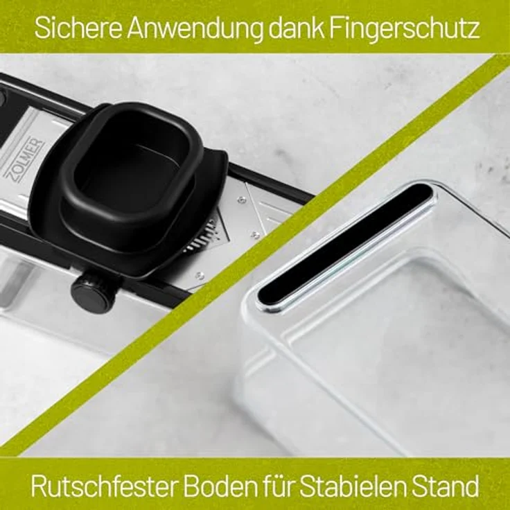 ZOLMER® Gemüsehobel Verstellbar, Gemüseschneider mit zwei extra scharfen Julien Messern, inkl. Fingerschutz und Auffangschale, 1-5 mm Schnittstärke – Bild 3