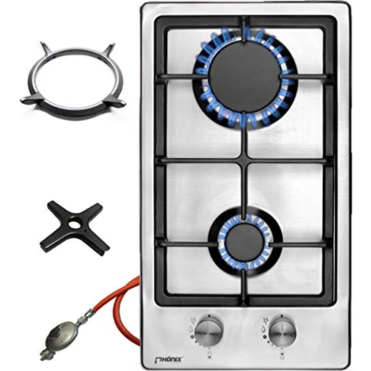 Phönix Domino-ST Gaskochfeld Edelstahl Gaskocher 2 flammig, Guss Wok-Aufsatz + Gasherdkreuz