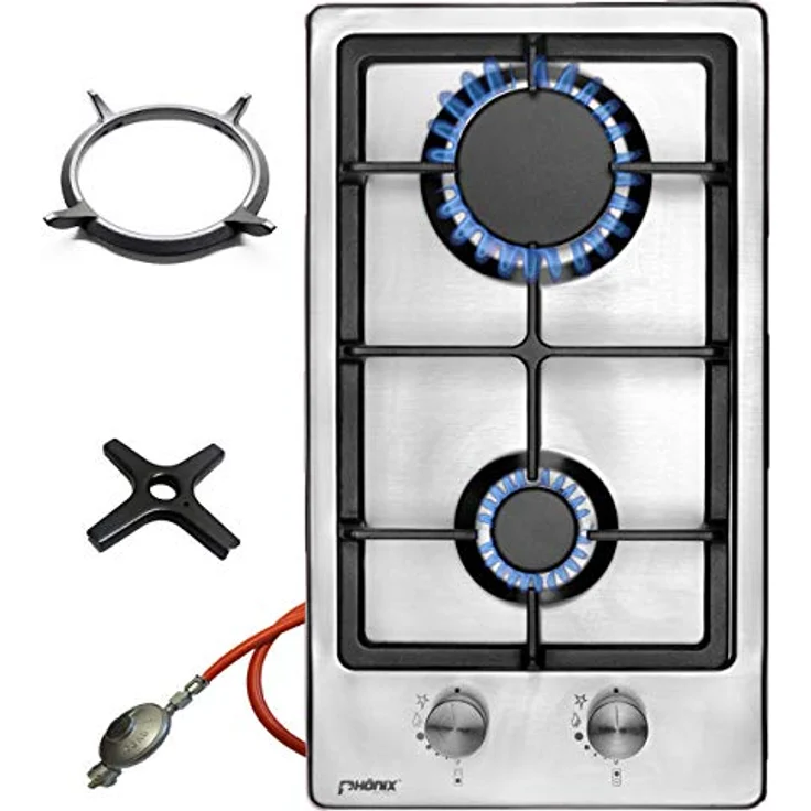 Phönix Domino-ST Gaskochfeld Edelstahl Gaskocher 2 flammig, Guss Wok-Aufsatz + Gasherdkreuz – Bild 1