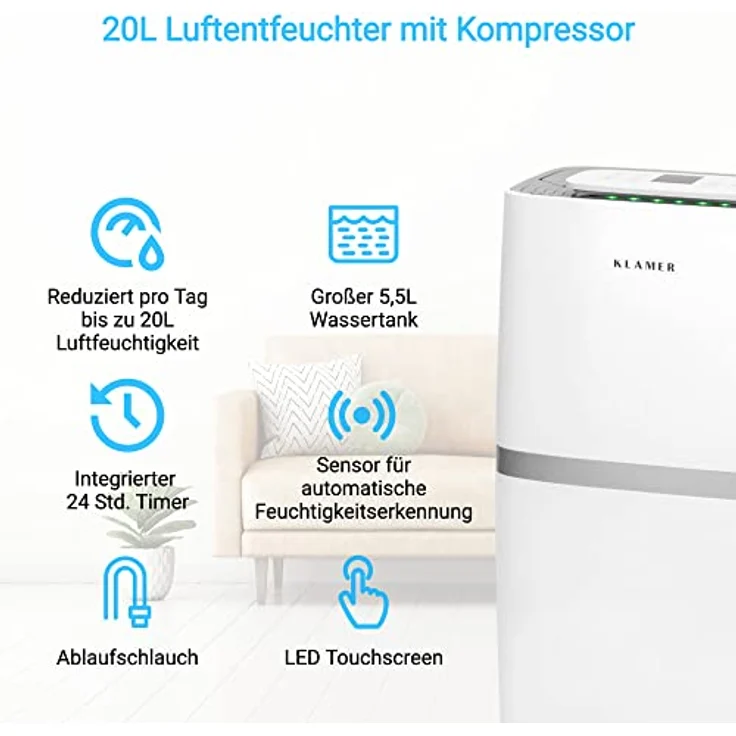 KLAMER Luftentfeuchter elektrisch 20L, 195m³ Luftumwälzung pro Stunde, 420W starker Raumentfeuchter, Entfeuchter mit bis zu 5,5 Liter Fassungsvermögen – Bild 2