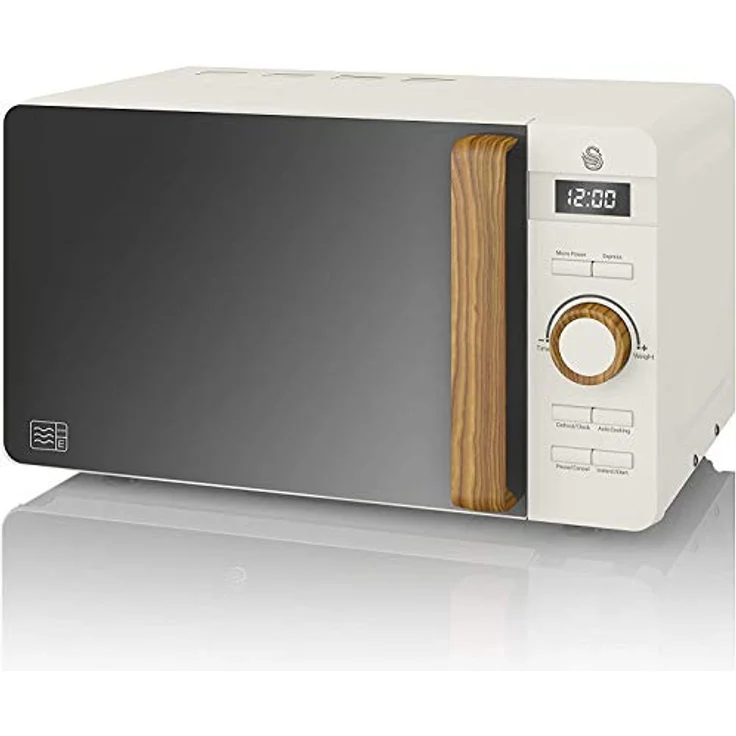 Swan Nordic Digitale Mikrowelle, Standgerät, 20 Liter Garraum, 6 Betriebsstufen, 800 Watt, 30 Minuten Timer, einfache Reinigung, Auftaumodus, modernes Design, Griff in Holzoptik, Weiß matt – Bild 2
