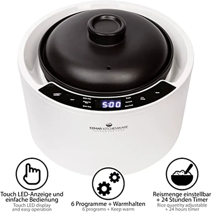 KeMar Reiskocher 2,5l mit Keramiktopf - Topf besteht vollständig aus Keramik (Donabe, Tonkeramik, Tontopf, Keramiktopf) - Weiß, 900W - Schongarer, Dampfgarer, Warmhaltefunktion (KCC-280) – Bild 2