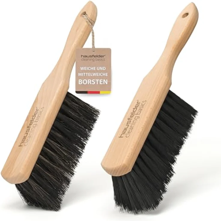 Hausfelder Handfeger Holz klein, 2er Set Handbesen mit weichen Borsten, 28 cm für Auto, Garten und Camping, Naturholz – Bild 1