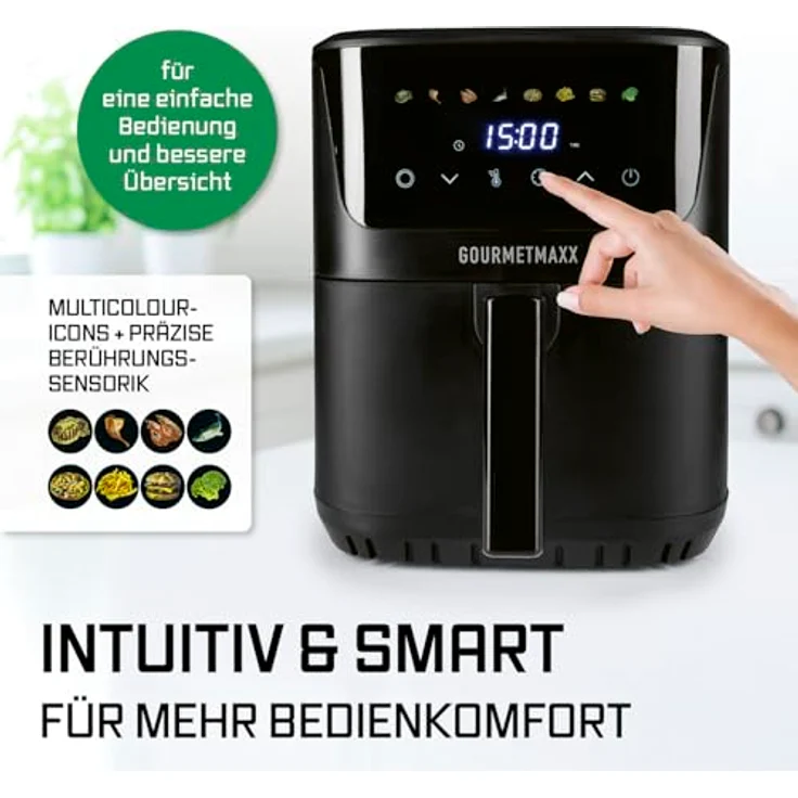 GOURMETmaxx Heißluftfritteuse 6,5 L, 1600 W schwarz – digitale Airfryer mit LED-Touchdisplay, Timer und 8 Programmen für fettfreies Frittieren, Grillen und Backen – Bild 5
