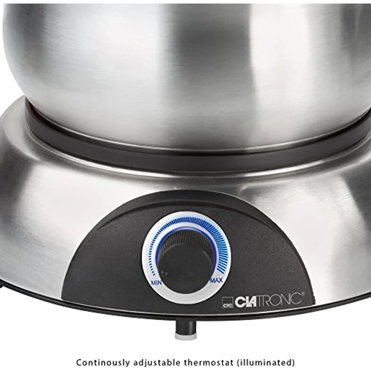 Clatronic FD 3783 elektrischer Fonduetopf, Topf mit abnehmbaren Spritzschutz, Fondue-Set für 8 Personen mit Edelstahl Fondue-Gabeln, farblich markiert, Füllmenge max. 1,2 Liter/1400 Watt, edelstahl – Bild 2
