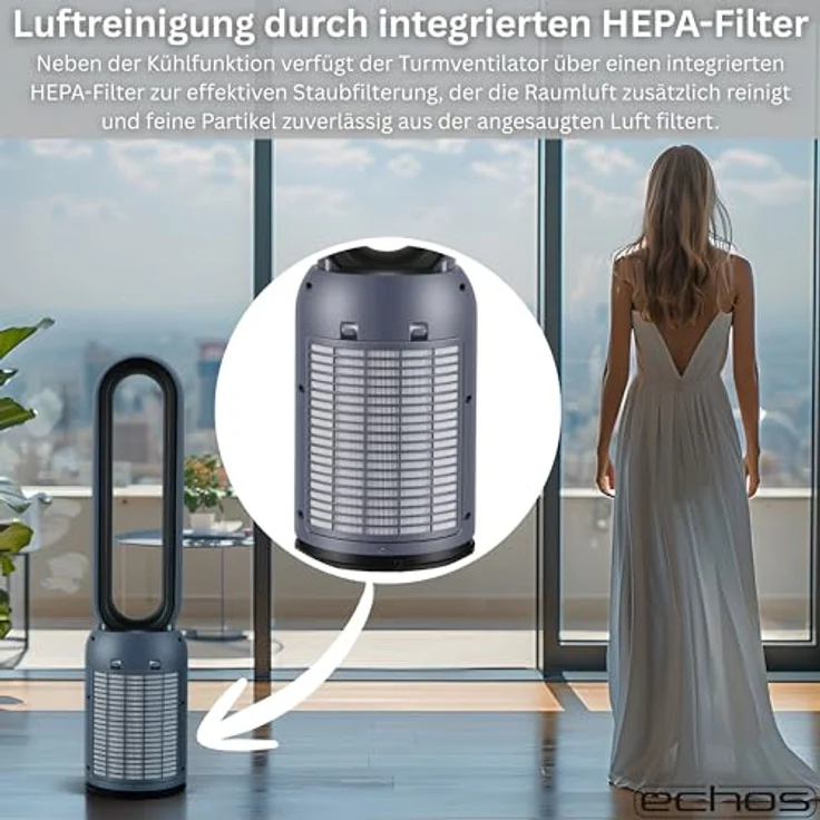 Echos® Turmventilator, bladeless mit HEPA-Filter, 24 Geschwindigkeitsstufen, energiesparend, leise, mit Fernbedienung und 12h Timer – Bild 4
