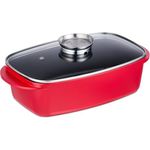 Relaxdays Bräter mit Deckel, Bratentopf 5 L, beschichteter Universalbräter mit Aromaknopf, rot, für Elektro- & Gasherd