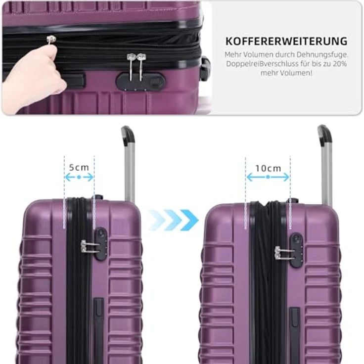 BEIBYE Zwillingsrollen Reisekoffer Hartschale M-L-XL-Set, Violett, Größe L mit erweiterbarem Innenvolumen und kratzfester Oberfläche – Bild 4