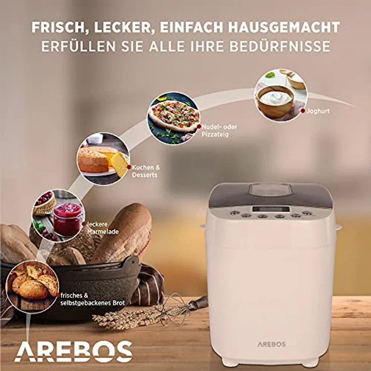 Arebos Brotbackautomat 1500g | mit 15 Programmen | 2 Knethaken | Timer | LCD Display | 3 Bräunungsgrade und Brotgrößen | 850 W | Weiß – Bild 2