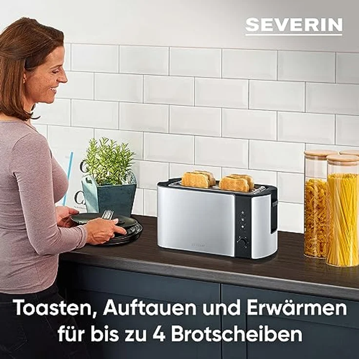 SEVERIN Automatik-Toaster, 2 Langschlitzkammern, Für bis zu 4 Brotscheiben, 1.400 W, AT 2590, Edelstahl-Schwarz – Bild 3