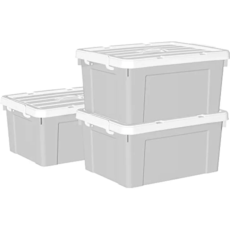 Cetomo 35 l x 3 Kunststoff-Aufbewahrungsbox, Tragetasche, Organisationsbehälter mit robustem Deckel und sicheren Verriegelungsschnallen, stapelbar und stapelbar, 3 Stück, grau mit Schnalle