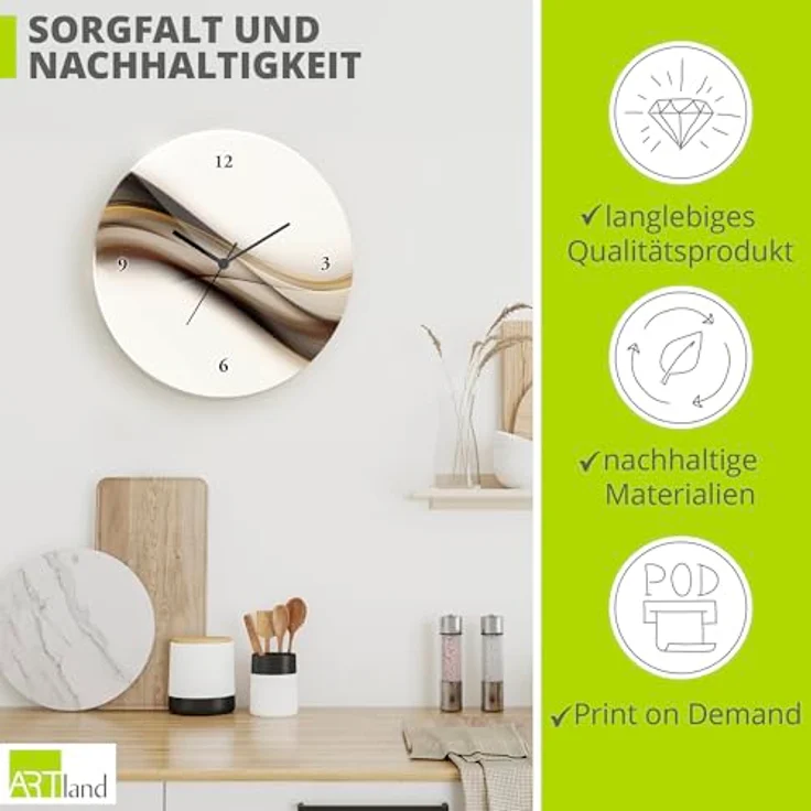 Artland Wanduhr Welle, analoge Funk- oder Quarzuhr, lautlos ohne Tickgeräusche, braunes Welle Design auf Float Glas – Bild 5