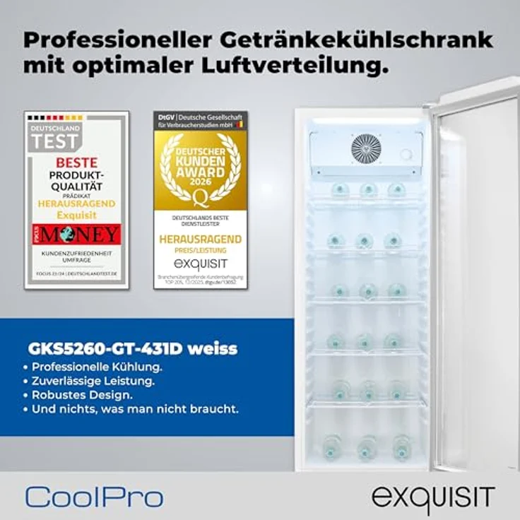 Exquisit GKS5260-GT-431D, Glastürkühlschrank mit 280l Volumen, 173 cm Höhe, Umluft, 5 verstellbare Ablagen, LED-Beleuchtung, weiß – Bild 2