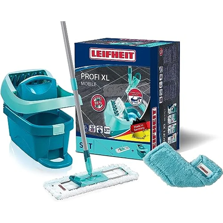 Leifheit Set Wischtuchpresse Profi XL mit Bodenwischer 146cm und Rollen, 1x Mikrofaser Bezug für alle glatten Böden & 1x elektrostatisches Staubtuch, Putzen ohne Bücken wie handgewrungen, Click-System – Bild 1