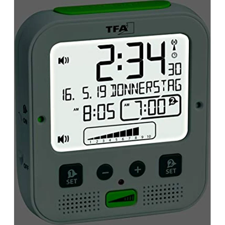 TFA Dostmann Boom Funkwecker, Laut mit Vibrationsalarm, Snooze-Funktion, einstellbare Lautstärke und Helligkeit, autom. Nachtbeleuchtung, weiß, L 110 x B 65 x H 122 mm – Bild 4