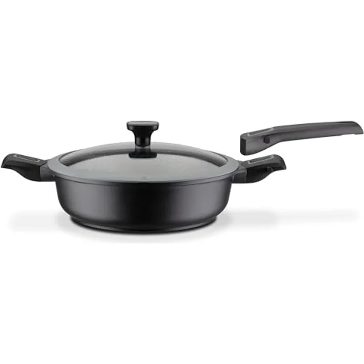 GSW 167833 Easy Click Schmorpfanne, Aluminium schwarz mit Glasdeckel und abnehmbaren Griffen, Ø 28 cm, für alle Herdarten geeignet