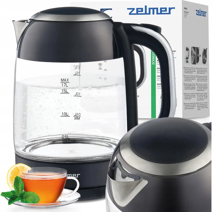 Zelmer ZCK8025 Wasserkocher, 1,7 l, 2200 W, Schwarz, Edelstahl/Glas, Überhitzungsschutz, Wasserstandsanzeige