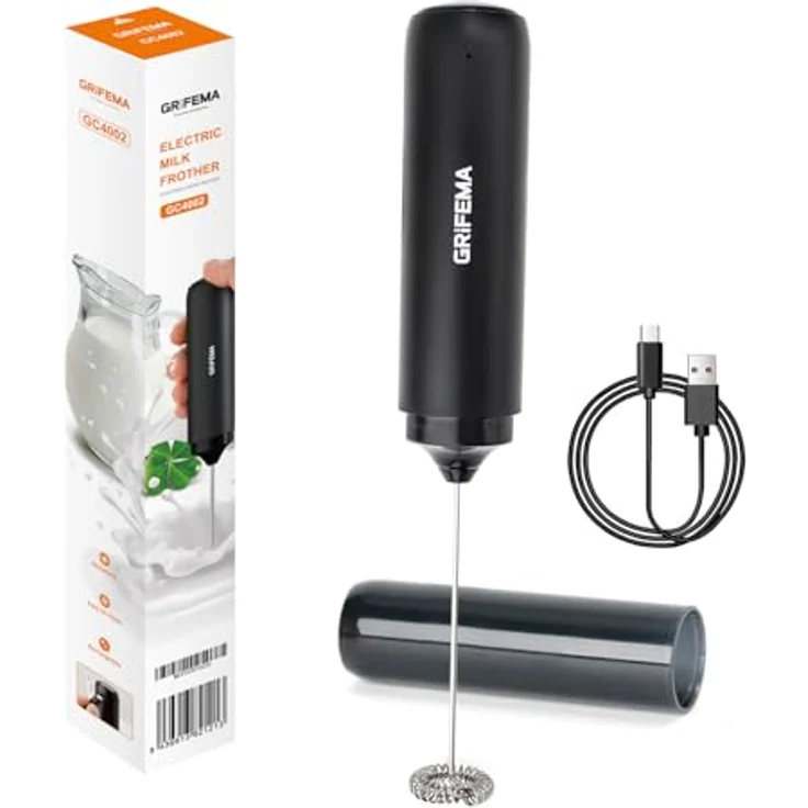 GRIFEMA Milchaufschäumer Elektrisch USB Aufladbar, Edelstahl Hand Milchschäumer mit Ein-Knopf-Bedienung und 500mAh Akku – Bild 1