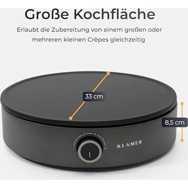 KLAMER Crepes Maker, Große Backfläche mit 33cm Ø, antihaftbeschichtete Platte, inkl. Teigverteiler und Wender aus Holz, Crepes Eisen für Crepes, Pancakes & Tortilla, 1500W – Bild 3