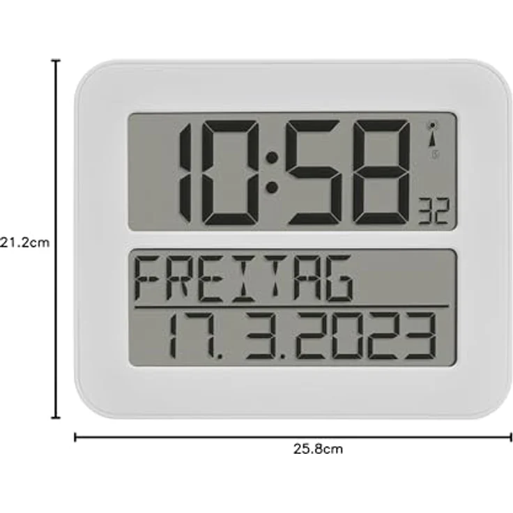 TFA Dostmann TimeLine Max Funkuhr, Wanduhr, digital, mit Wochentag und Weckfunktion, weiß, L 258 x B 30 (120) x H 212 mm – Bild 5