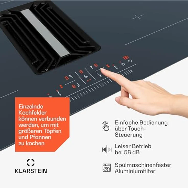 Klarstein AirJet 90 Induktionskochfeld mit Dunstabzug, Energieeffizienzklasse A++, 750 m³/h Absaugleistung, 10.000-W-Boost, Flexzonen, Touchpanel, Anthrazit – Bild 5