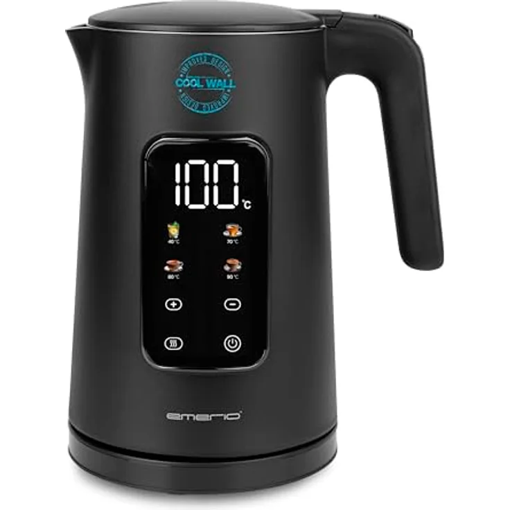 EMERIO Wasserkocher WK-132229, Edelstahl 1.7L, Temperaturwahl 40-100°C, isolierte Doppelwand, BPA-frei, 2200 W, Warmhaltefunktion, Farbdisplay mit Teesorten