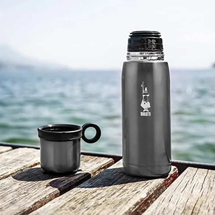 Bialetti TZ Ml. 460 To Go Thermoflasche mit Deckelbecher (doppelwandig), hält 12 h heiß und 24 h kalt, 460 ml Fassungsvermögen, Stahl, Dunkelgrau – Bild 2
