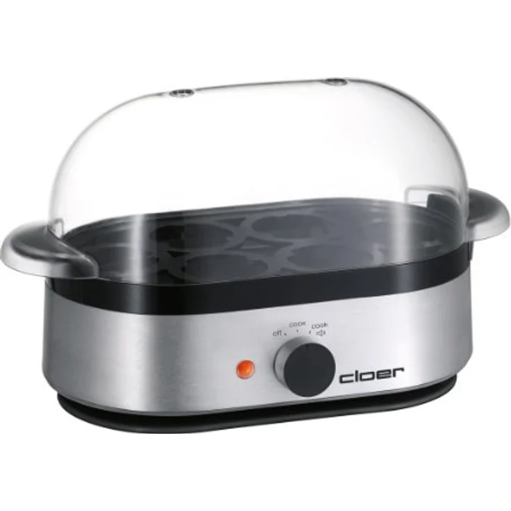 Cloer 6099 Eierkocher mit akustischer Fertigmeldung - 400 W - für 6 Eier - Einsätze für pochierte Eier - antihaftbeschichtete Heizplatte - Aluminiumgehäuse – Bild 2