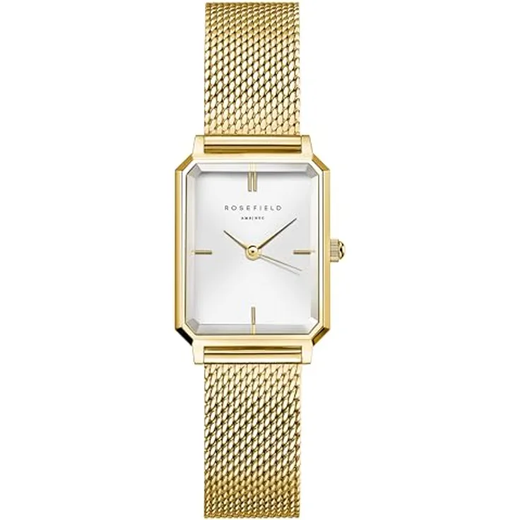 Rosefield Octagon XS Mesh Gold, Armbanduhr mit weißem Zifferblatt, 19.5 x 24 mm Goldgehäuse, Edelstahl, wasserdicht bis 3 ATM