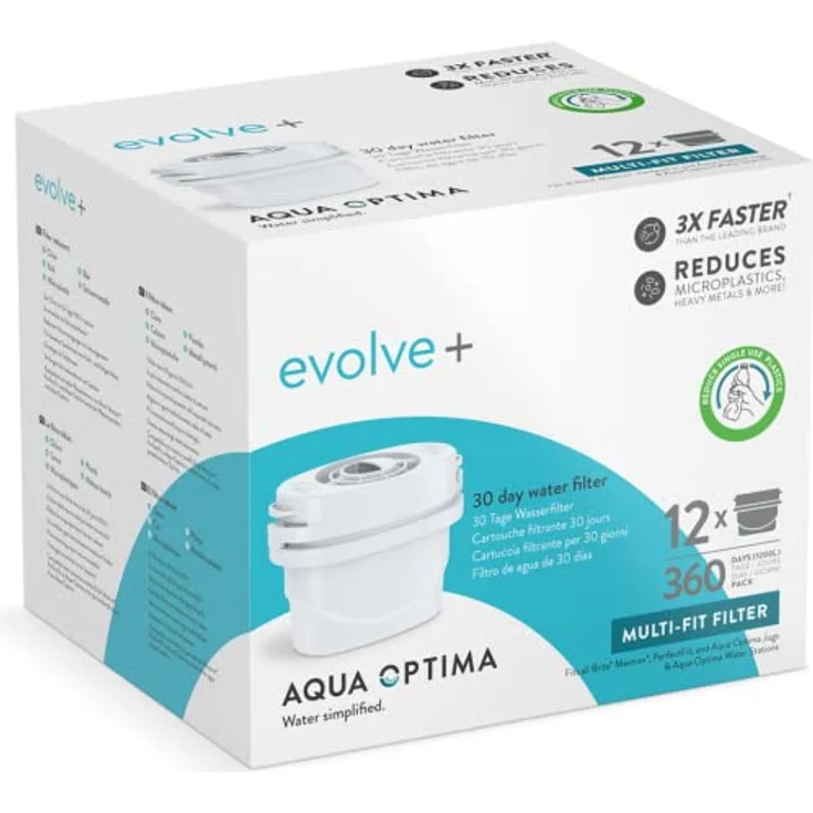 Aqua Optima Wasserfilterkartusche, Evolve+ 12er Pack (Vorrat für 12 Monate), kompatibel mit Brita Maxtra+ & PerfectFit, 5-stufiges Filtersystem reduziert Chlor, Kalk und andere Verunreinigungen - Preisvergleich – Bild 1