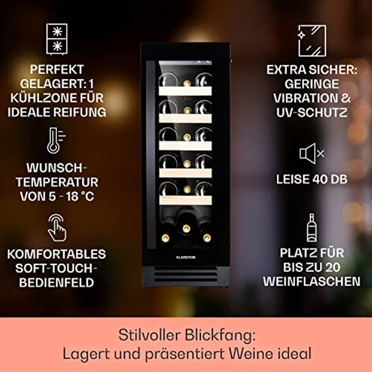 Klarstein Vinovilla 20 Weinkühlschrank, freistehend, schwarz, 20 Flaschen, Glastür, Energieklasse F – Bild 3