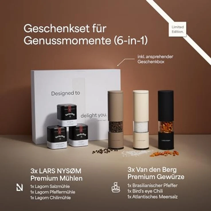 LARS NYSØM Gewürzmühlen & Gewürze Geschenkset - Salz & Pfeffermühlen Set mit Chilimühle & 3 Gewürzdosen - Brown/Beige/Black – Bild 2