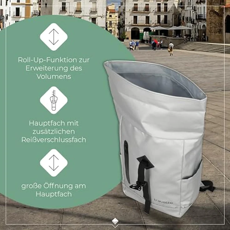 travelite BASICS Roll-Up Rucksack, Freizeitrucksack für Wandern und Reisen, wasserfestes Plane-Material, atmungsaktive Rückwand, in Trendfarben erhältlich – Bild 5