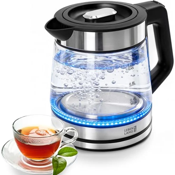 Lebenlang Glas-Wasserkocher 1,2 L, 1500 W – energieeffizient, 360°-Sockel, Edelstahl-Optik, automatische Abschaltung – Bild 1