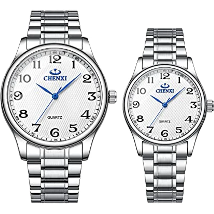 JewelryWe Paar Uhren Analog Quarz, 30M wasserdicht, Edelstahlarmband, klassisches Design mit digitalem Zifferblatt, weiß – Bild 1