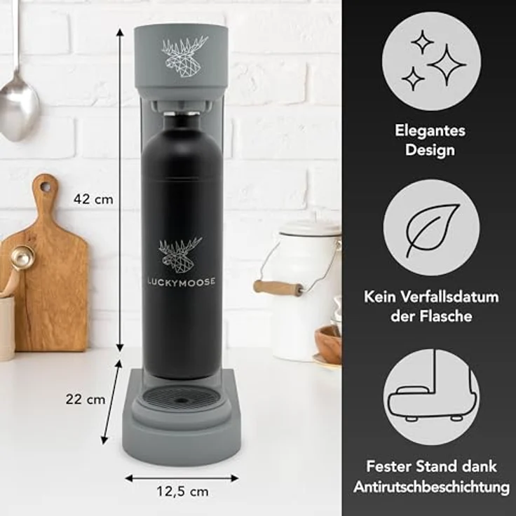 Luckymoose Infinity Wassersprudler, CO₂-sparende Sprudelwasser Maschine mit 2x 1,25L spülmaschinenfesten Edelstahlflaschen, stilvoll – Bild 2